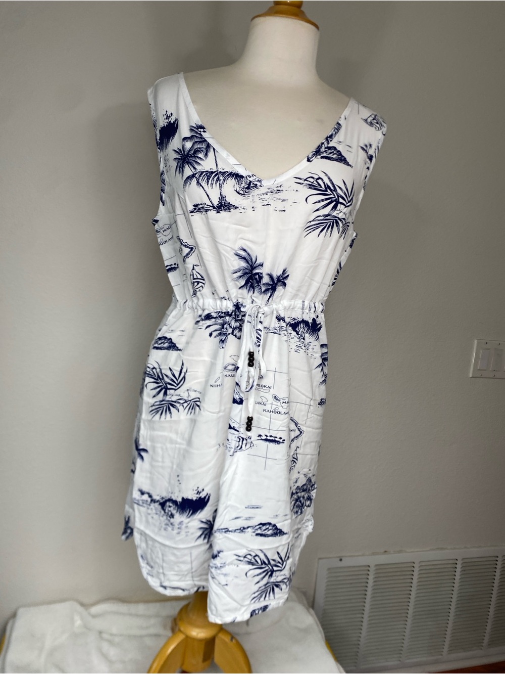 Palmwave Hawaii White Blue Tropical Print Sleeveless Mini Dress Size Large Boho